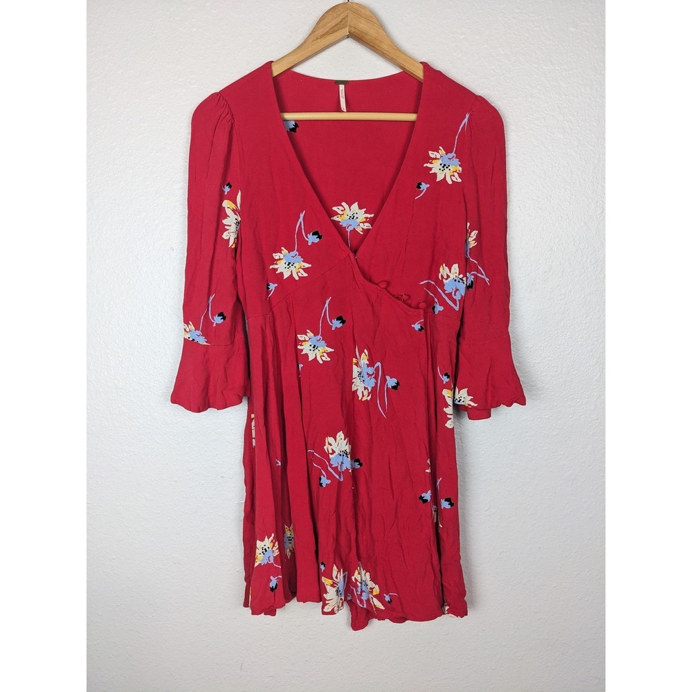 Free People Dress Womens Small‎ Red Floral Boho Ruffle Sleeve Mini Flare Rayon